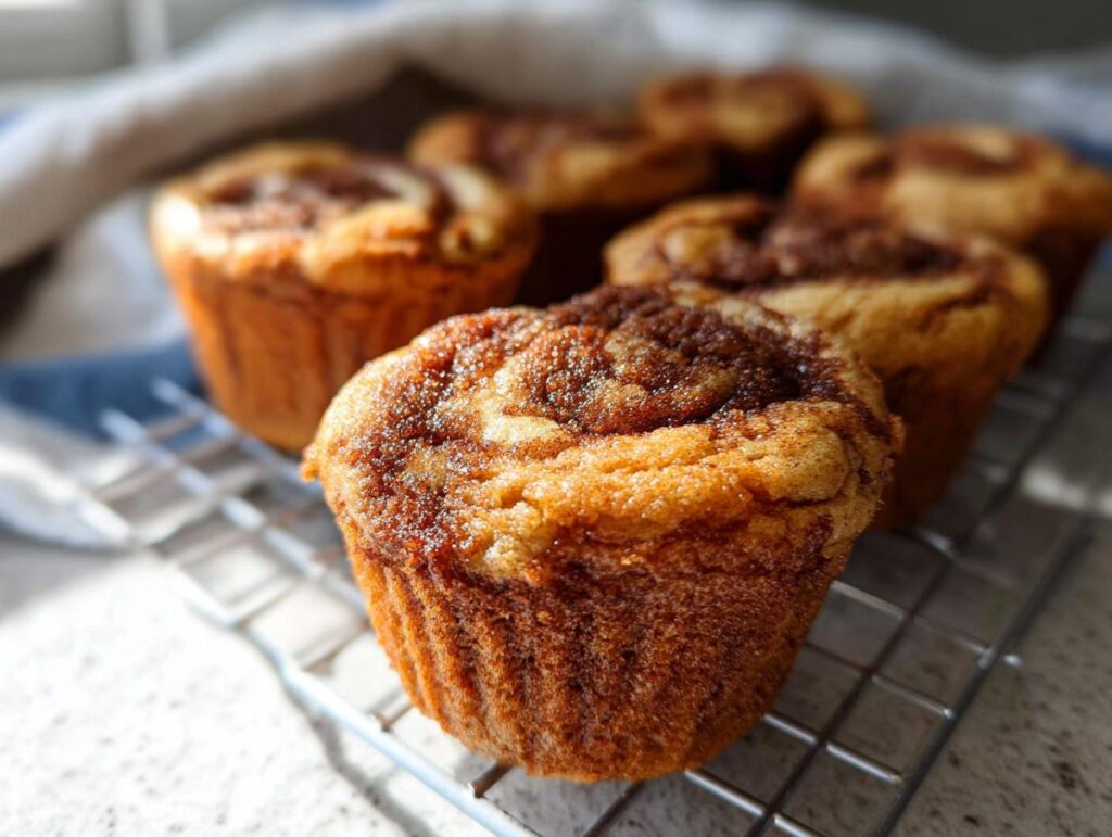 Close-up of freshly baked Cinnamon Roll Protein Muffins on a cooling rack, showing swirled cinnamon topping.