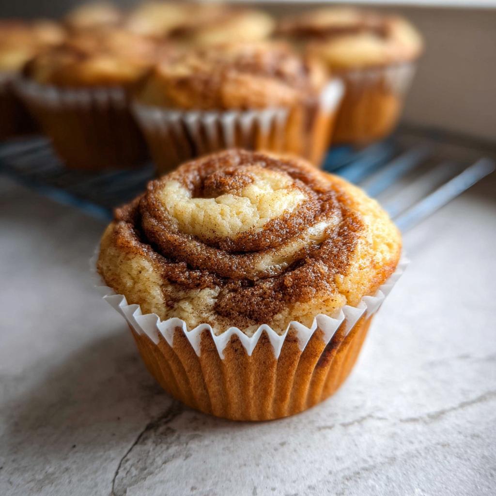 Close-up of a Cinnamon Roll Protein Muffin with a swirl of cinnamon on top.