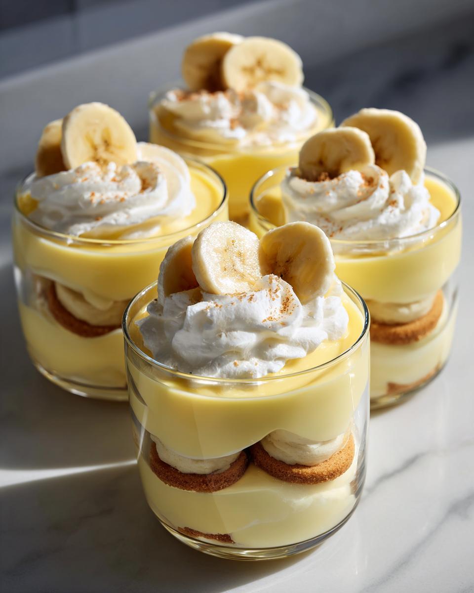 Four glasses filled with layers of creamy banana pudding, vanilla wafers, and fresh banana slices, topped with homemade whipped cream.