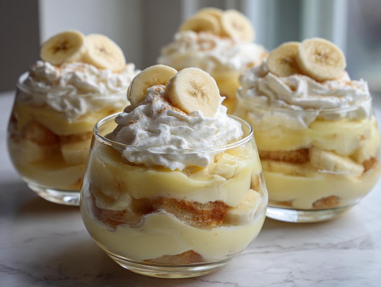 Four glasses filled with layers of creamy pudding, fresh banana slices, and vanilla wafers, topped with homemade whipped cream and banana slices.