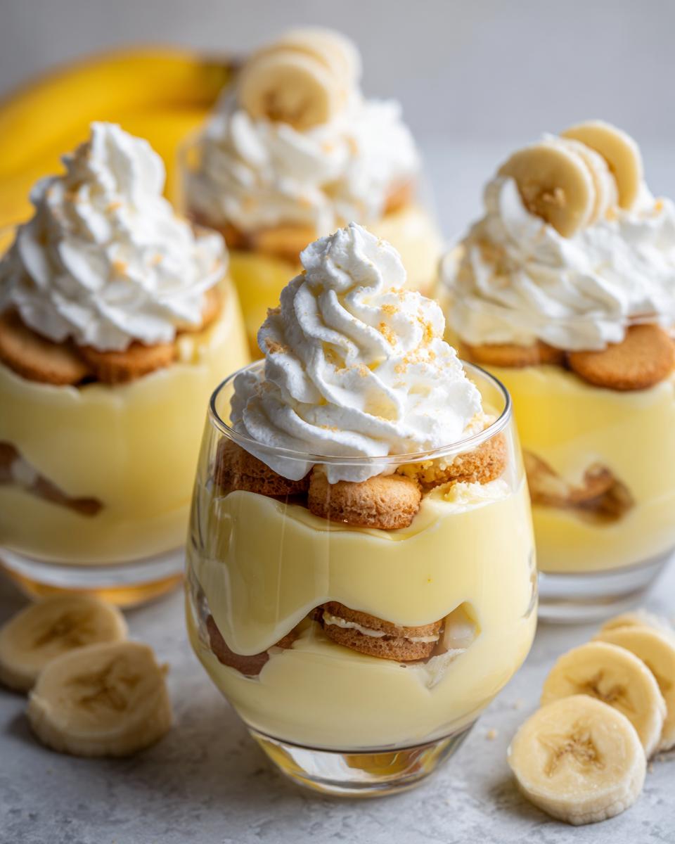 Close-up of individual servings of classic banana pudding with homemade whipped cream, vanilla wafers, and banana slices.