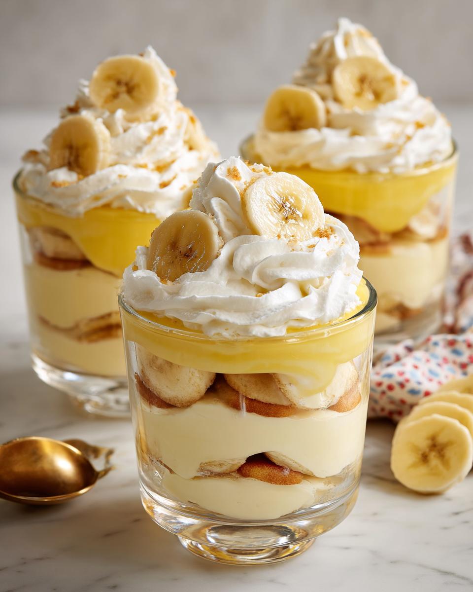 Three glasses of Classic Banana Pudding With Homemade Whipped Cream, layered with vanilla wafers, banana slices, and topped with whipped cream and banana slices.