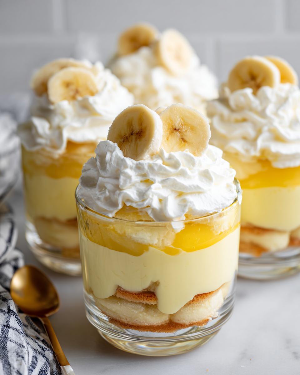 Close-up of individual servings of classic banana pudding with layers of vanilla wafers, creamy pudding, and fresh banana slices topped with whipped cream.