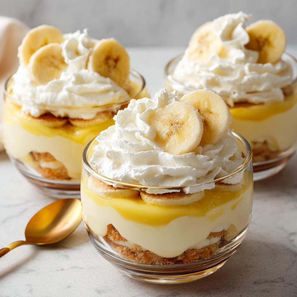 Three glasses of classic banana pudding with homemade whipped cream and banana slices, layered with pudding and cookies.