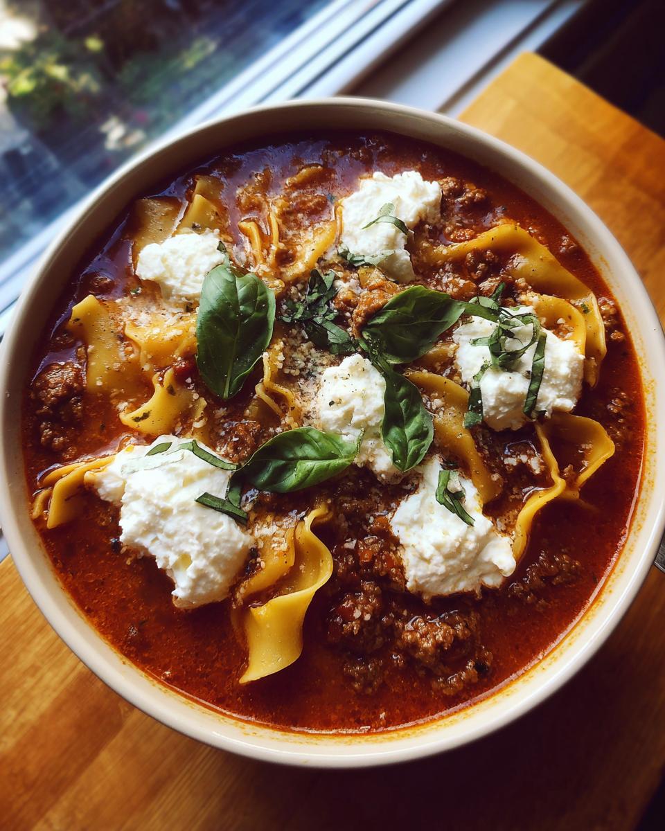 A bowl of Classic Lasagna Soup With Extra Comfort, topped with dollops of ricotta cheese and fresh basil.