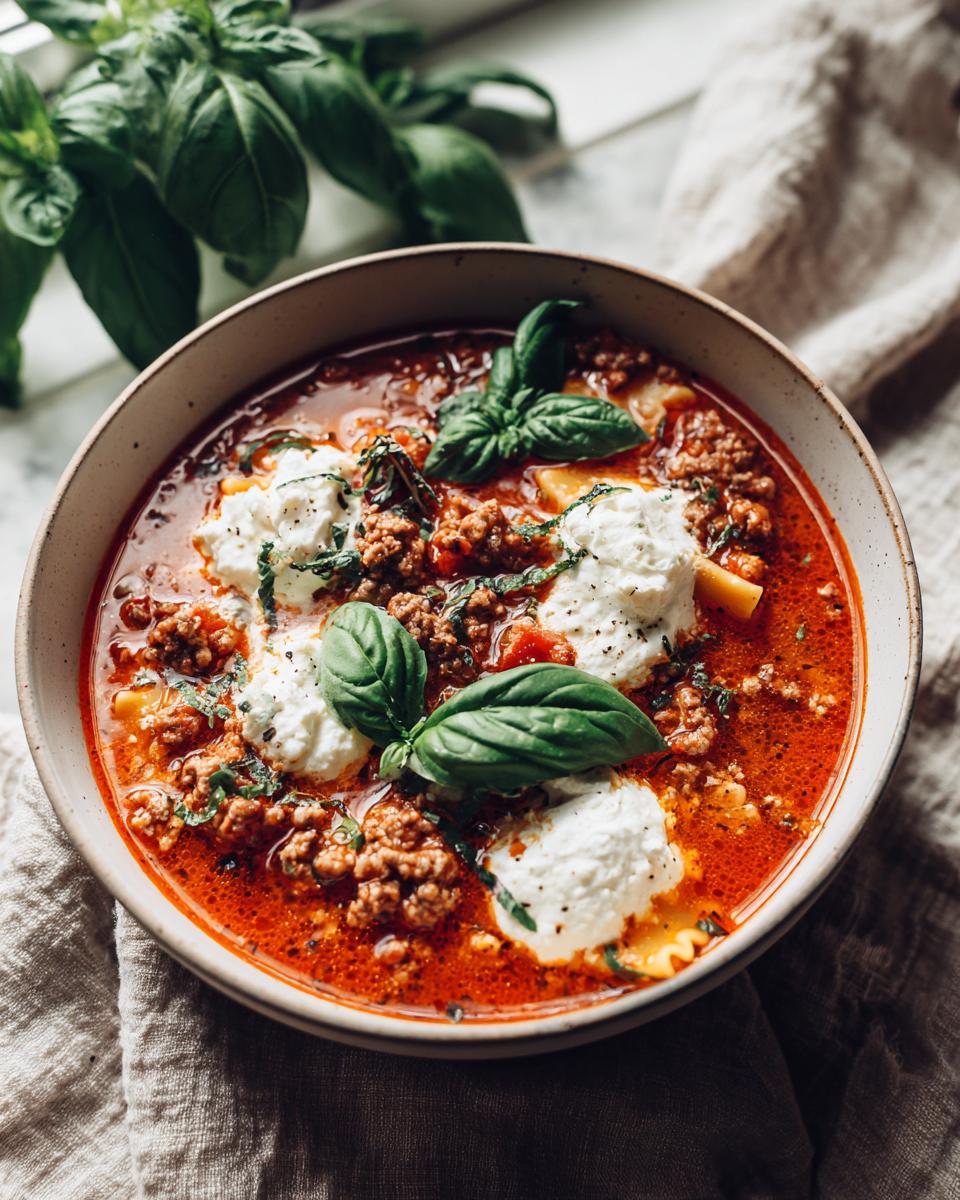 A bowl of classic lasagna soup with ground meat, pasta, ricotta cheese dollops, and fresh basil.