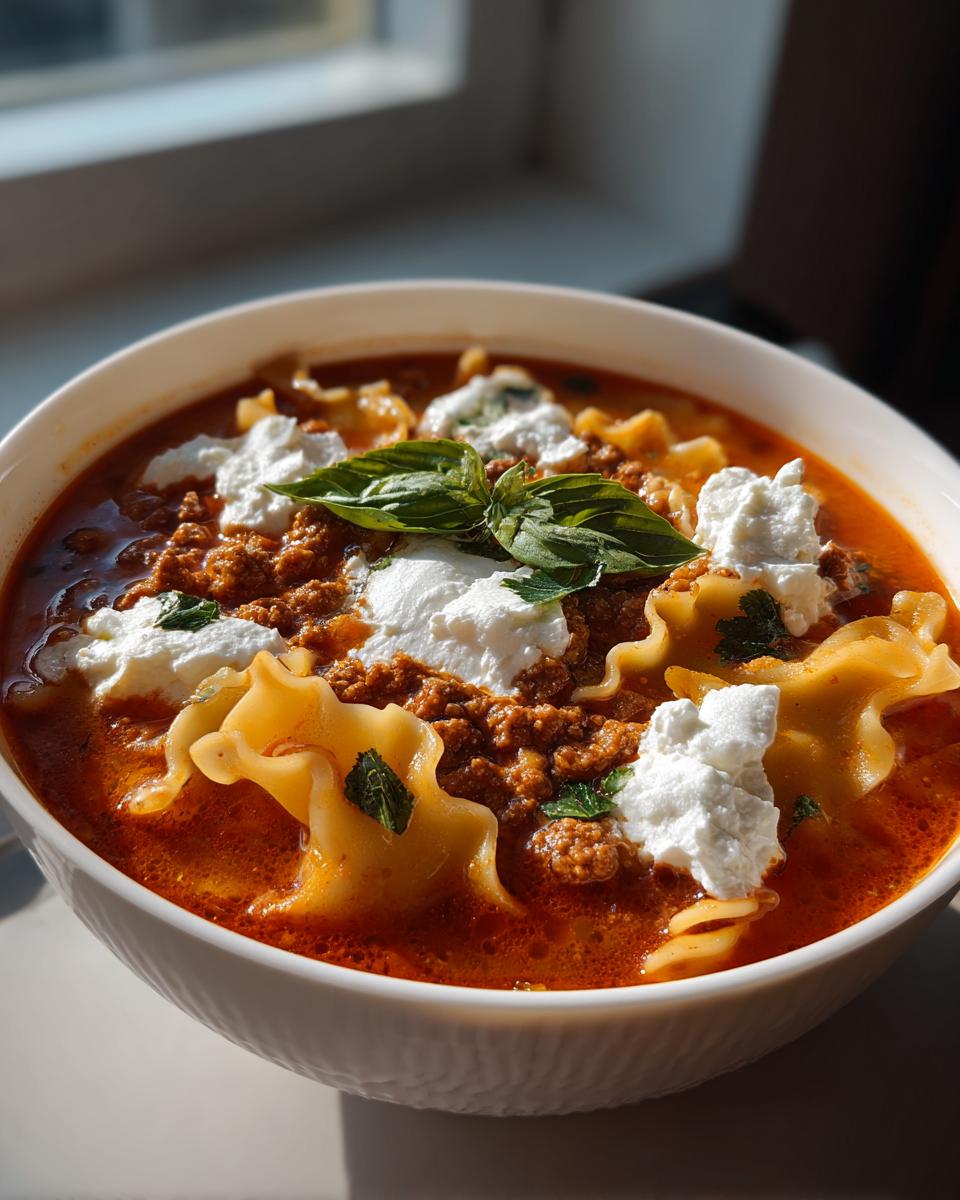 A bowl of Classic Lasagna Soup With Extra Comfort, featuring lasagna noodles, rich meat sauce, dollops of ricotta, and fresh basil.