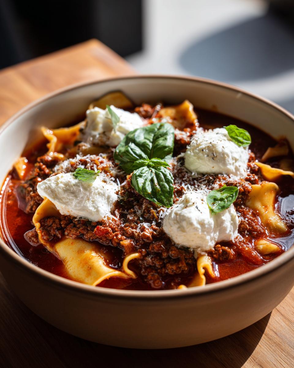 A close-up of a hearty bowl of Classic Lasagna Soup With Extra Comfort, topped with dollops of ricotta and fresh basil.