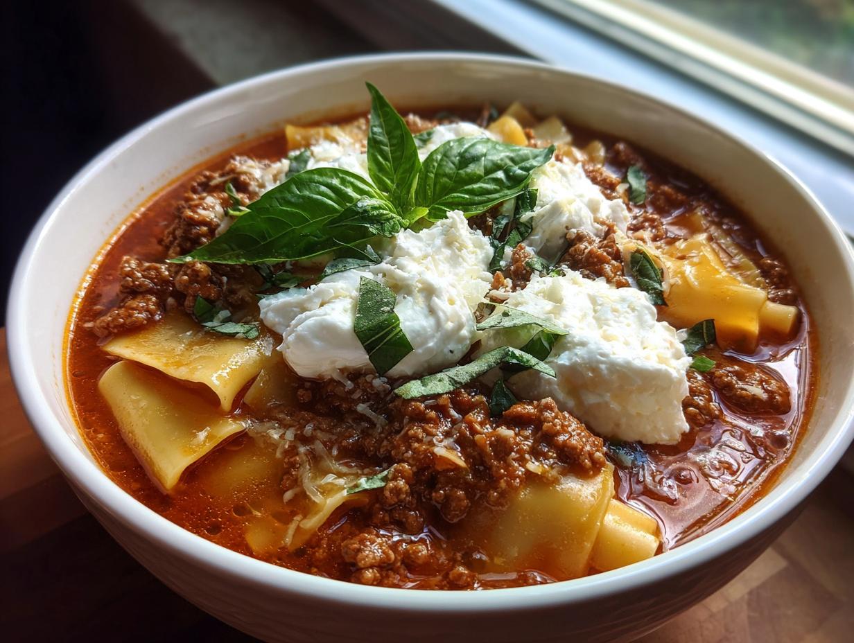 A bowl of hearty Classic Lasagna Soup with pasta, rich meat sauce, dollops of ricotta, and fresh basil.