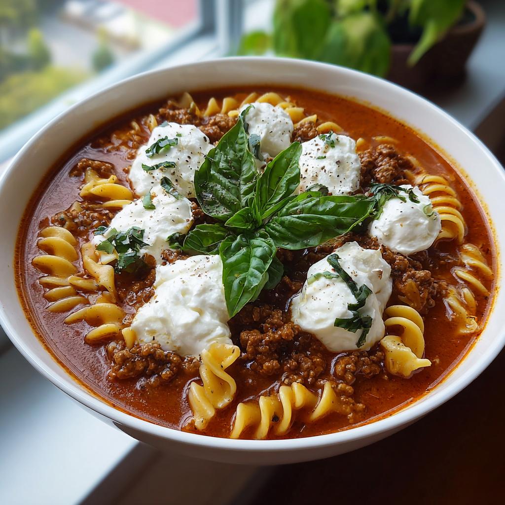 A bowl of classic lasagna soup with pasta recipes, ground meat, dollops of ricotta cheese, and fresh basil.