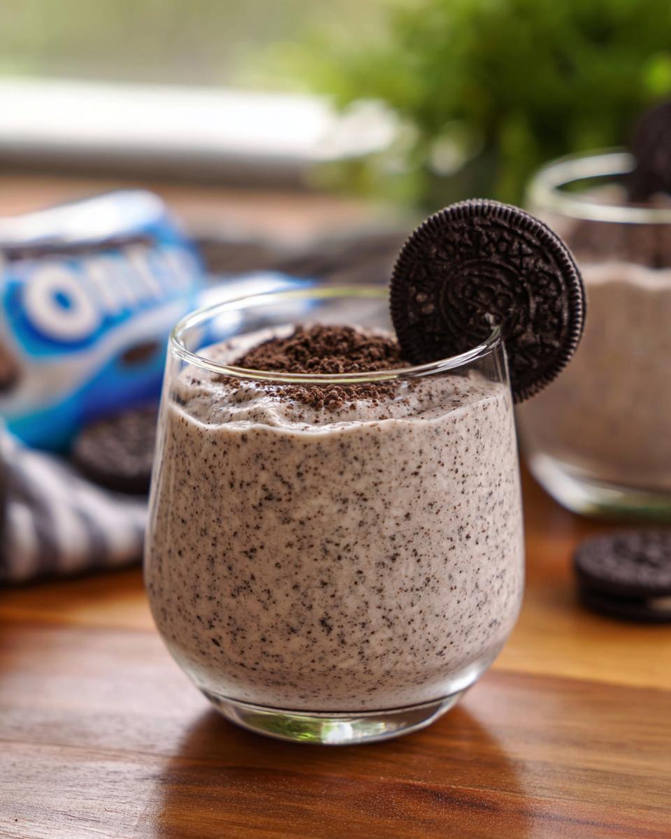A delicious 3 ingredient Cookies and Cream Mousse served in a glass, topped with crushed Oreos and a whole Oreo cookie.