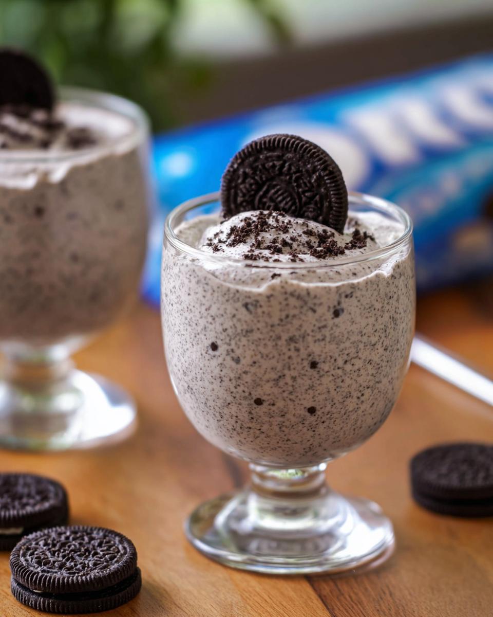 A serving of delicious Cookies and Cream Mousse garnished with an Oreo cookie and cookie crumbs.