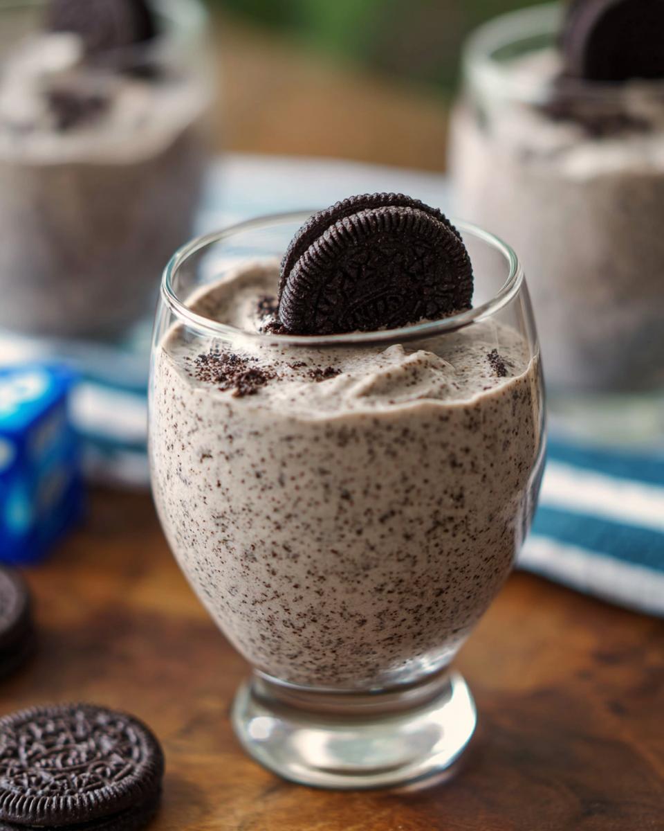 A close-up of a glass filled with creamy Cookies and Cream Mousse, topped with an Oreo cookie and cookie crumbs.