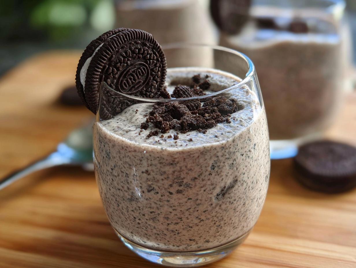 A glass of creamy Cookies and Cream Mousse topped with crushed Oreos and a whole Oreo cookie.