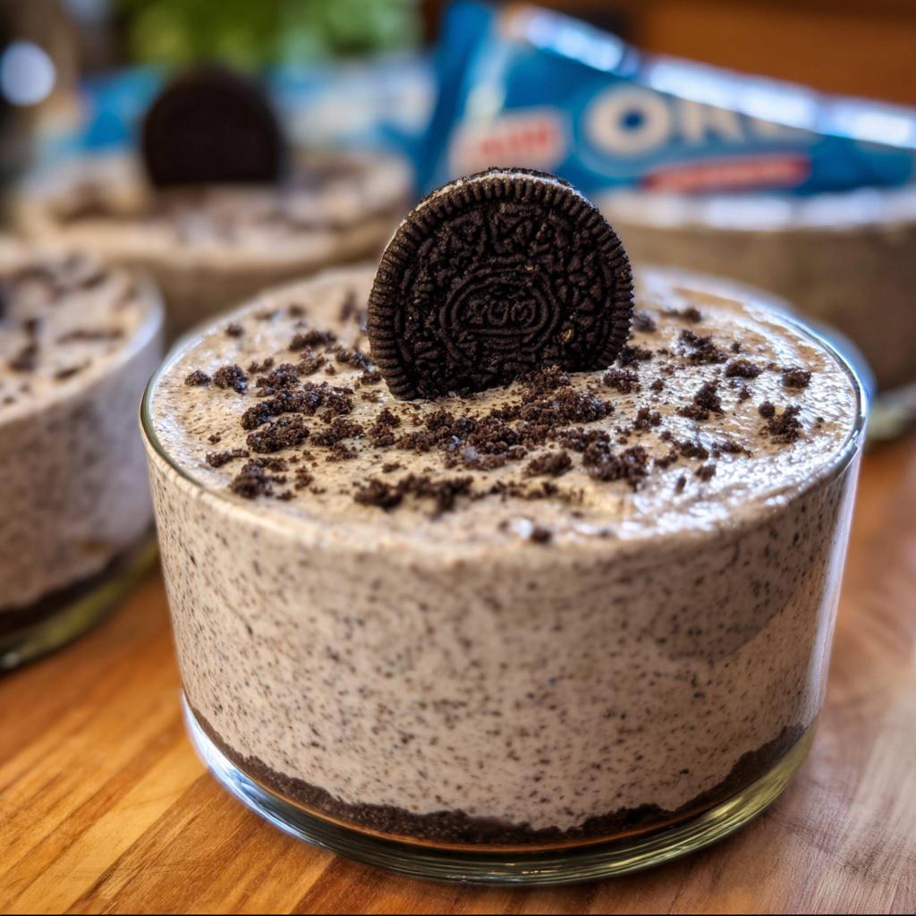 A close-up of a glass of Cookies and Cream Mousse topped with crushed Oreos and a whole Oreo cookie.