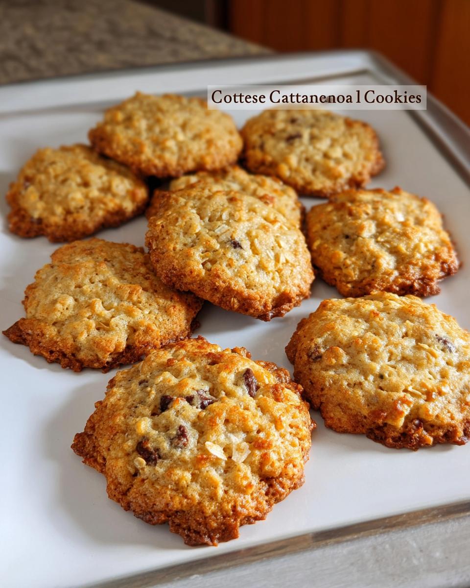 A close-up of golden-brown cottage cheese oatmeal cookies arranged on a white platter.