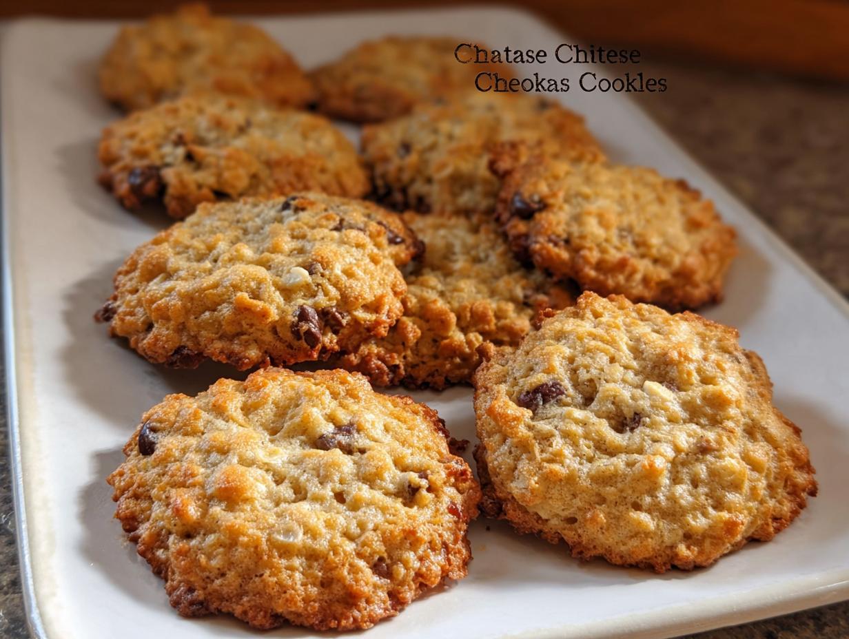 A close-up of golden brown Cottage Cheese Oatmeal Cookies on a white platter, featuring oats and chocolate chips.