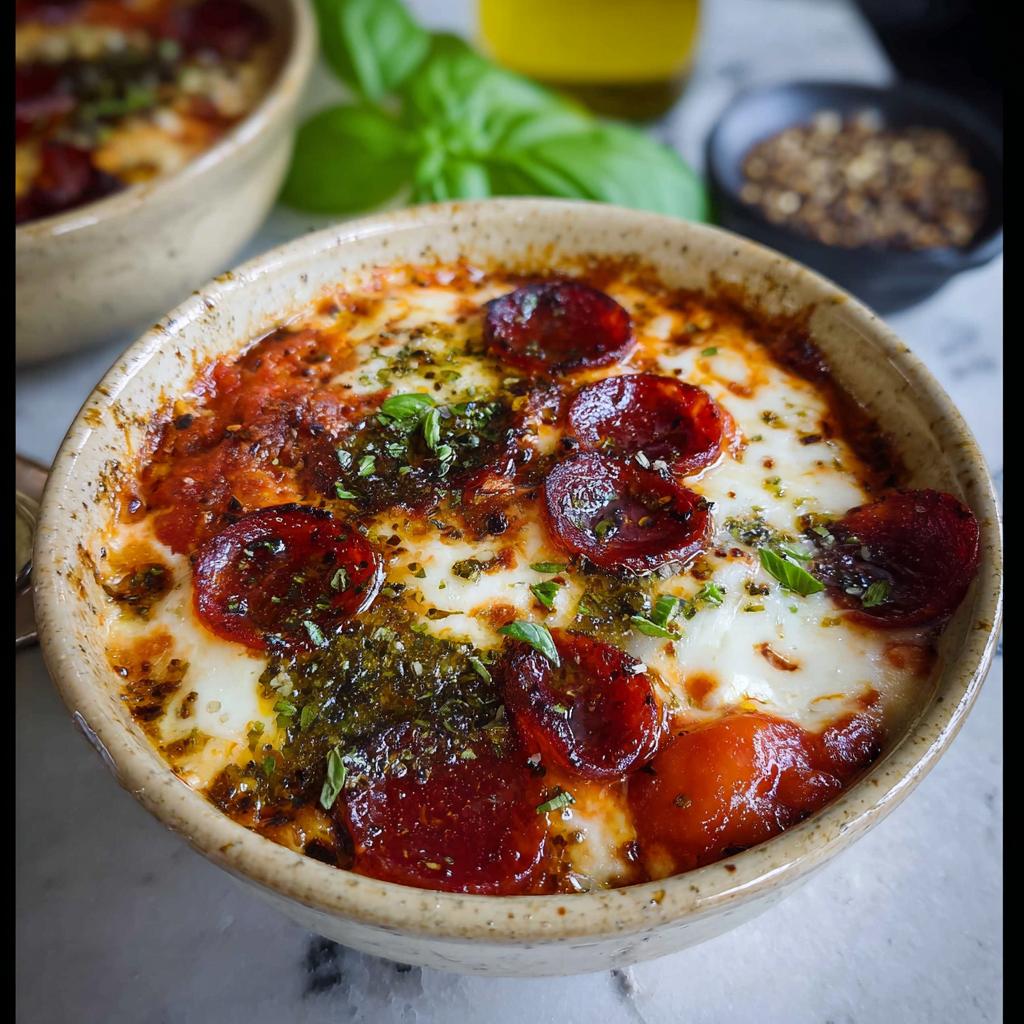 Close-up of a bubbling Cottage Cheese Pizza Bowl topped with melted cheese, pepperoni slices, and fresh herbs.