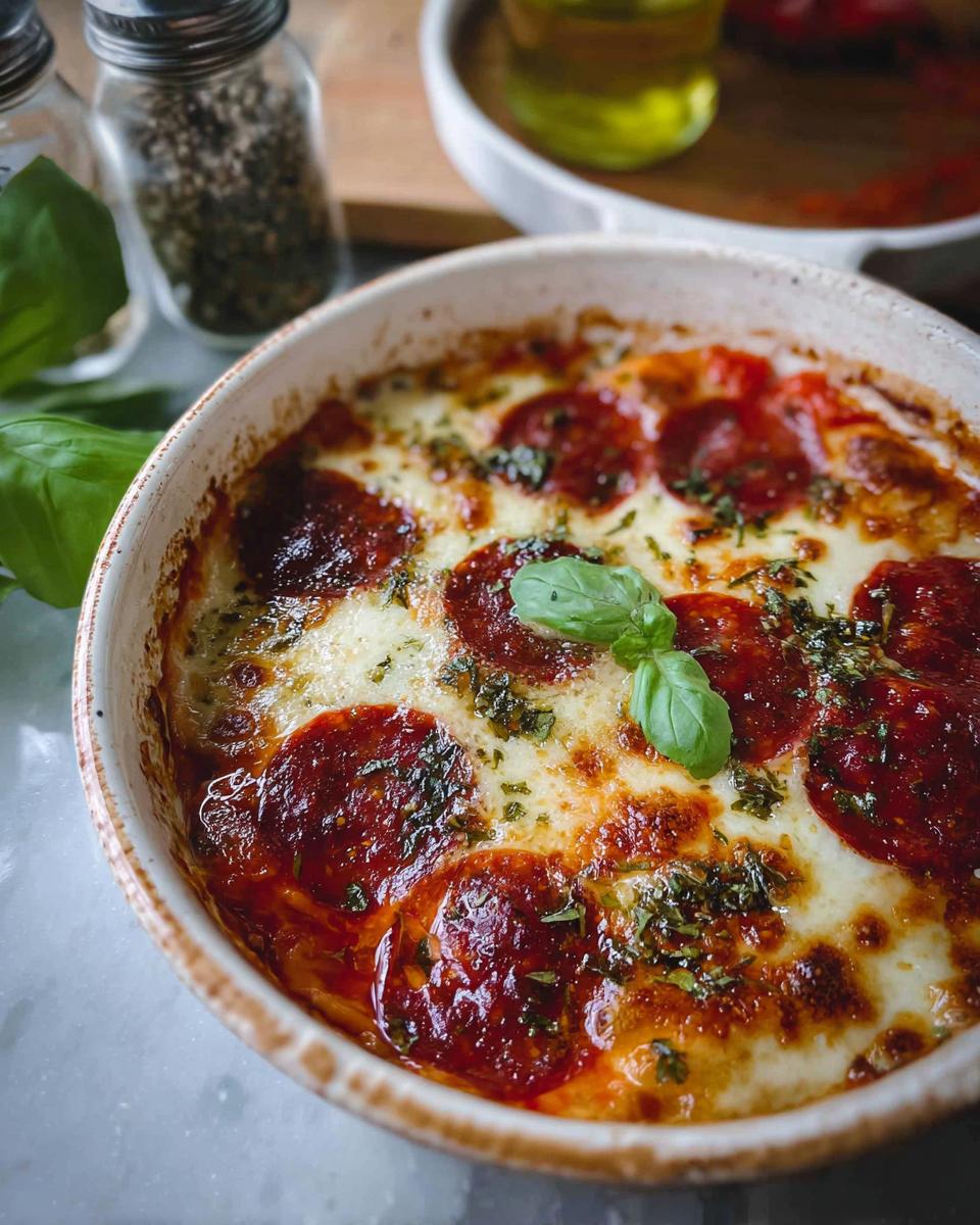 Close-up of a baked Cottage Cheese Pizza Bowl topped with melted cheese, pepperoni, and fresh basil.