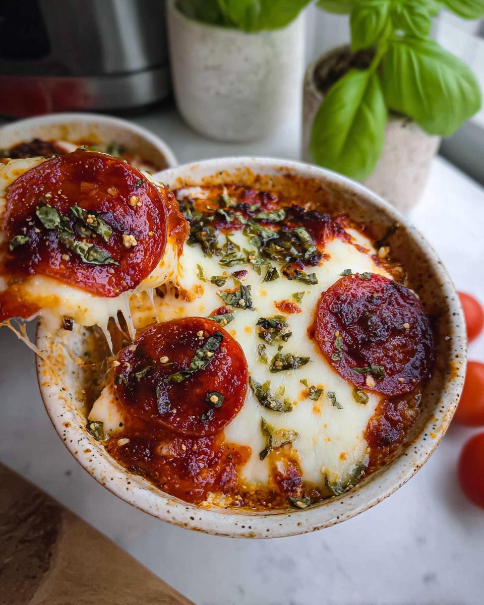 A spoonful of cheesy Cottage Cheese Pizza Bowl topped with pepperoni and fresh basil.