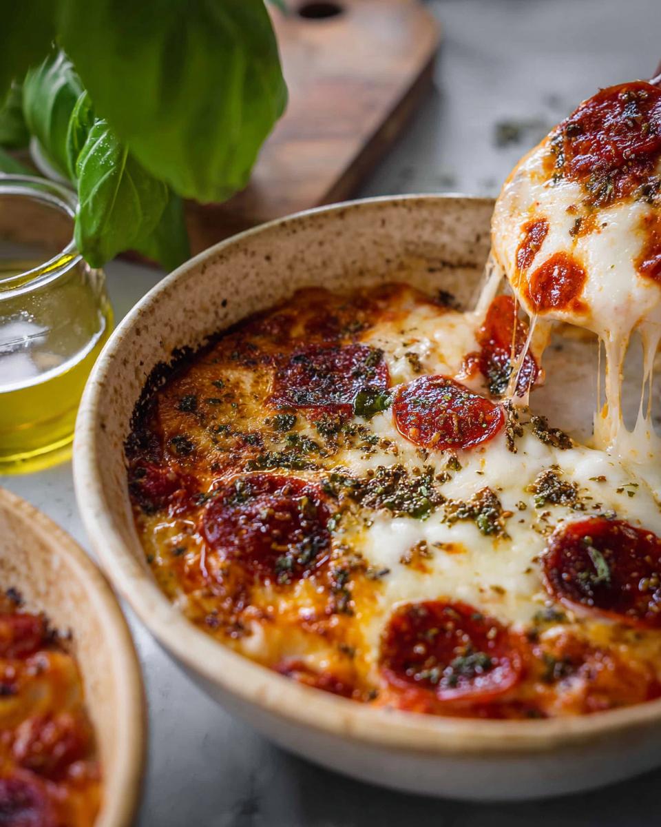 A spoonful of cheesy Cottage Cheese Pizza Bowl with melted mozzarella and pepperoni, showing a delicious cheese pull.