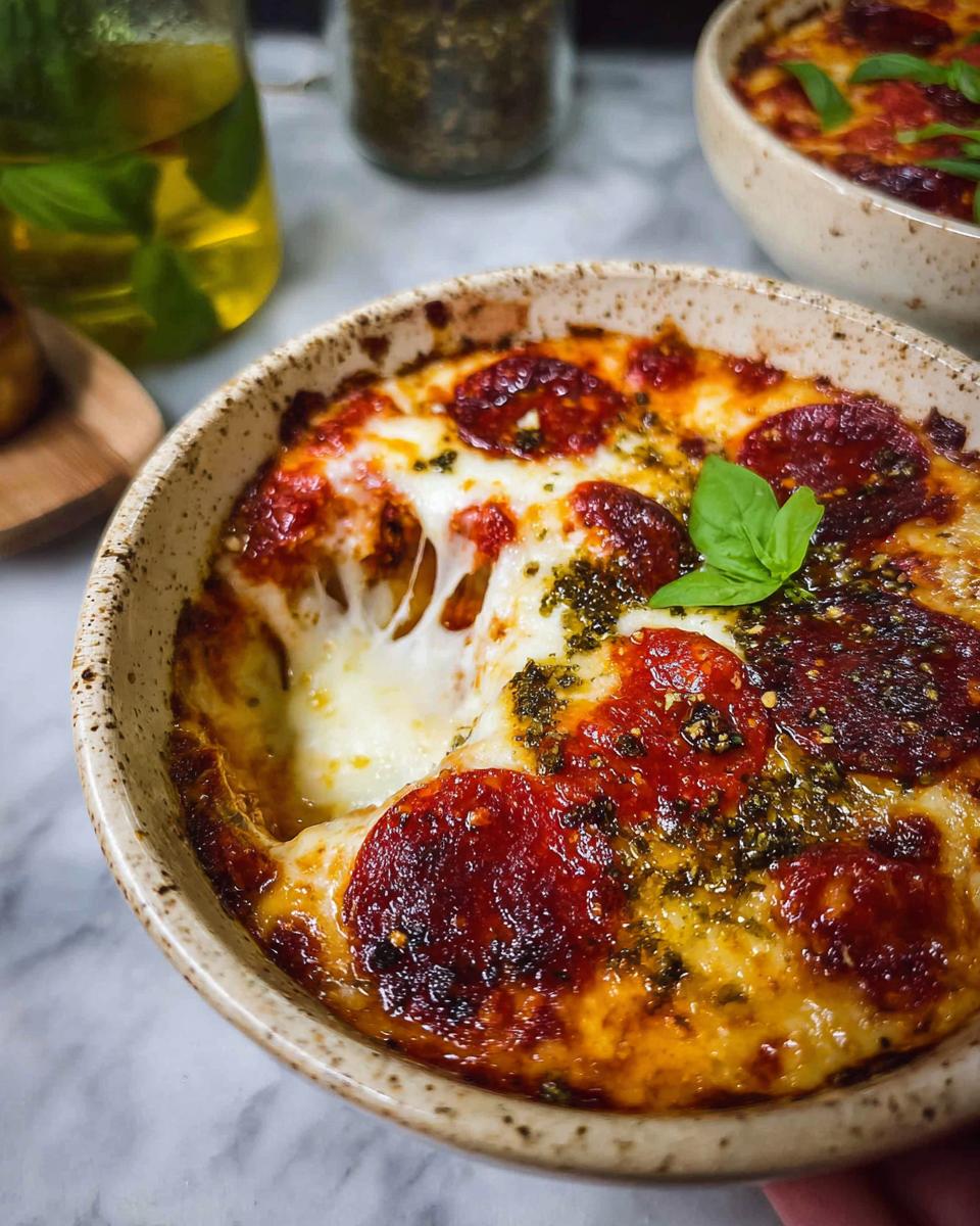 Close-up of a bubbling Cottage Cheese Pizza Bowl topped with pepperoni, melted cheese, and basil.