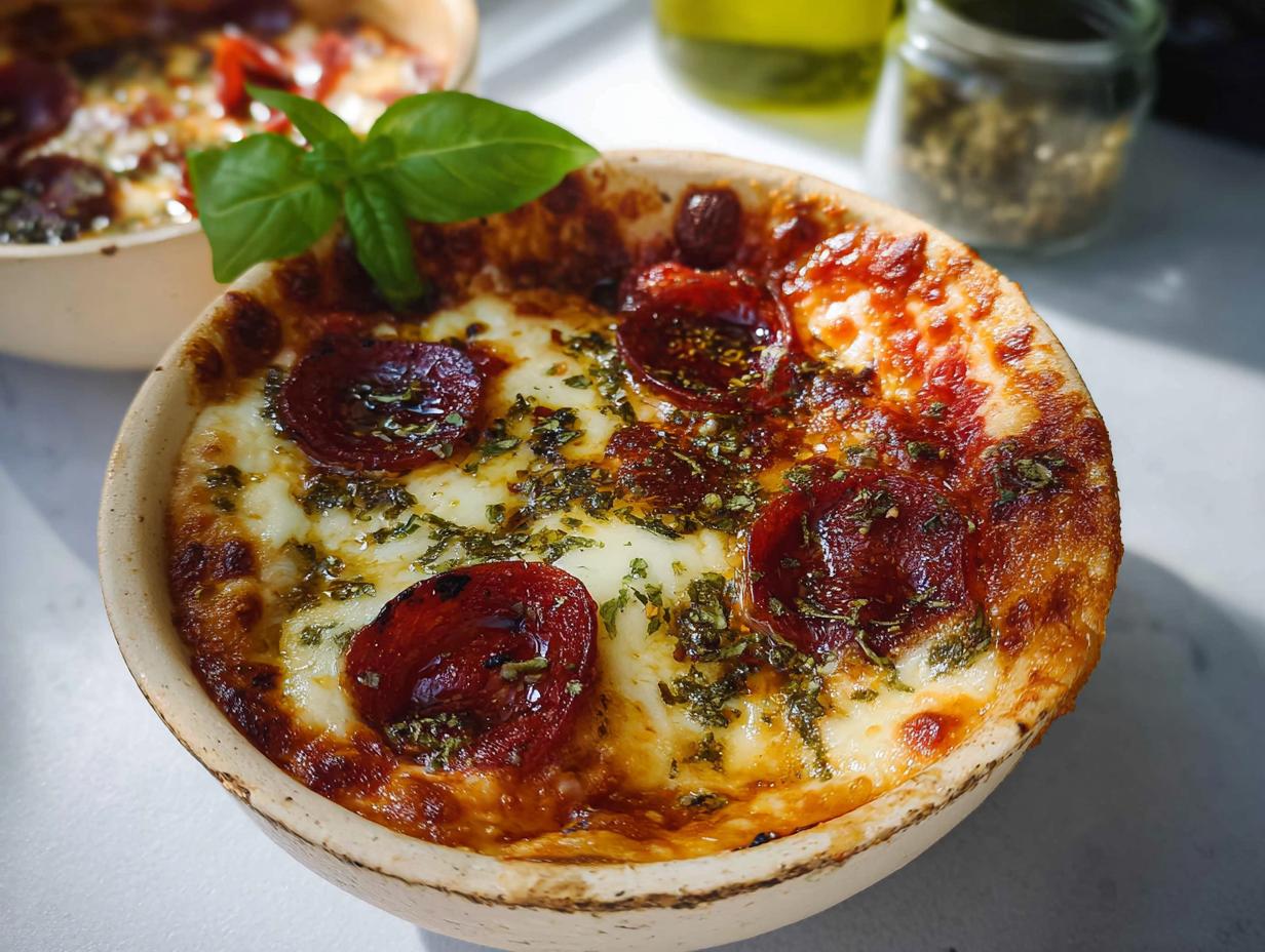 A close-up of a bubbling Cottage Cheese Pizza Bowl topped with melted cheese, pepperoni, and herbs, garnished with fresh basil.