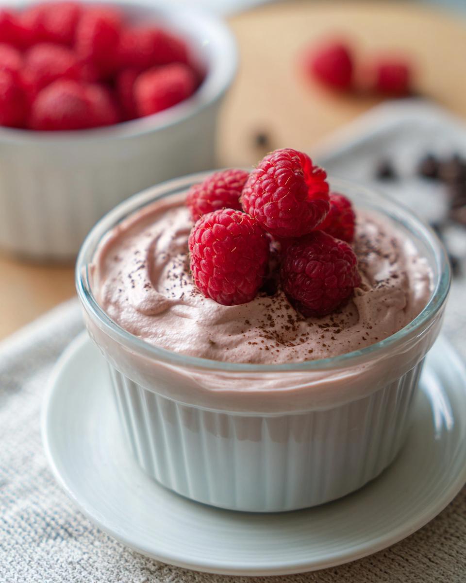 A close-up of a creamy Cottage Cheese Raspberry Mousse topped with fresh raspberries and a dusting of cocoa powder.
