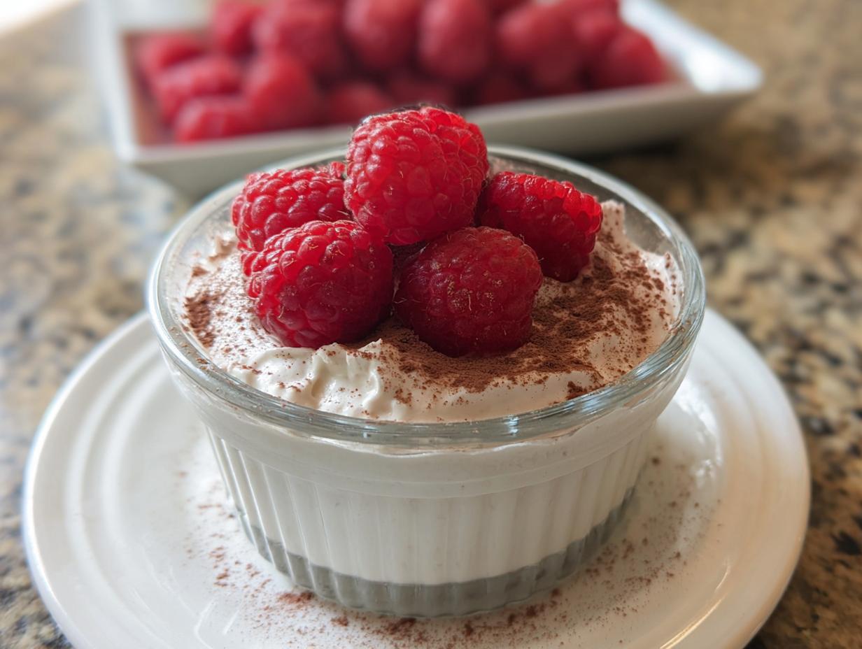 A close-up of Cottage Cheese Raspberry Mousse topped with fresh raspberries and dusted with cocoa powder.