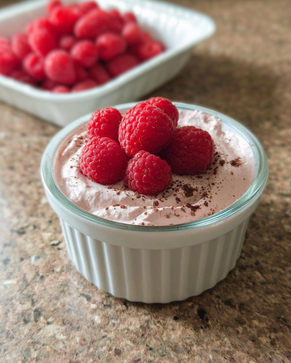A serving of creamy Cottage Cheese Raspberry Mousse topped with fresh raspberries and a dusting of cocoa powder.
