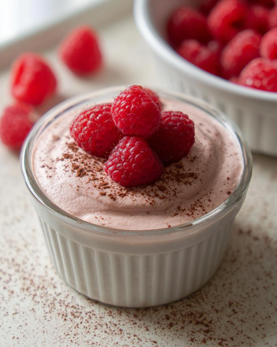 A close-up of Cottage Cheese Raspberry Mousse in a ramekin, topped with fresh raspberries and a dusting of cocoa powder.