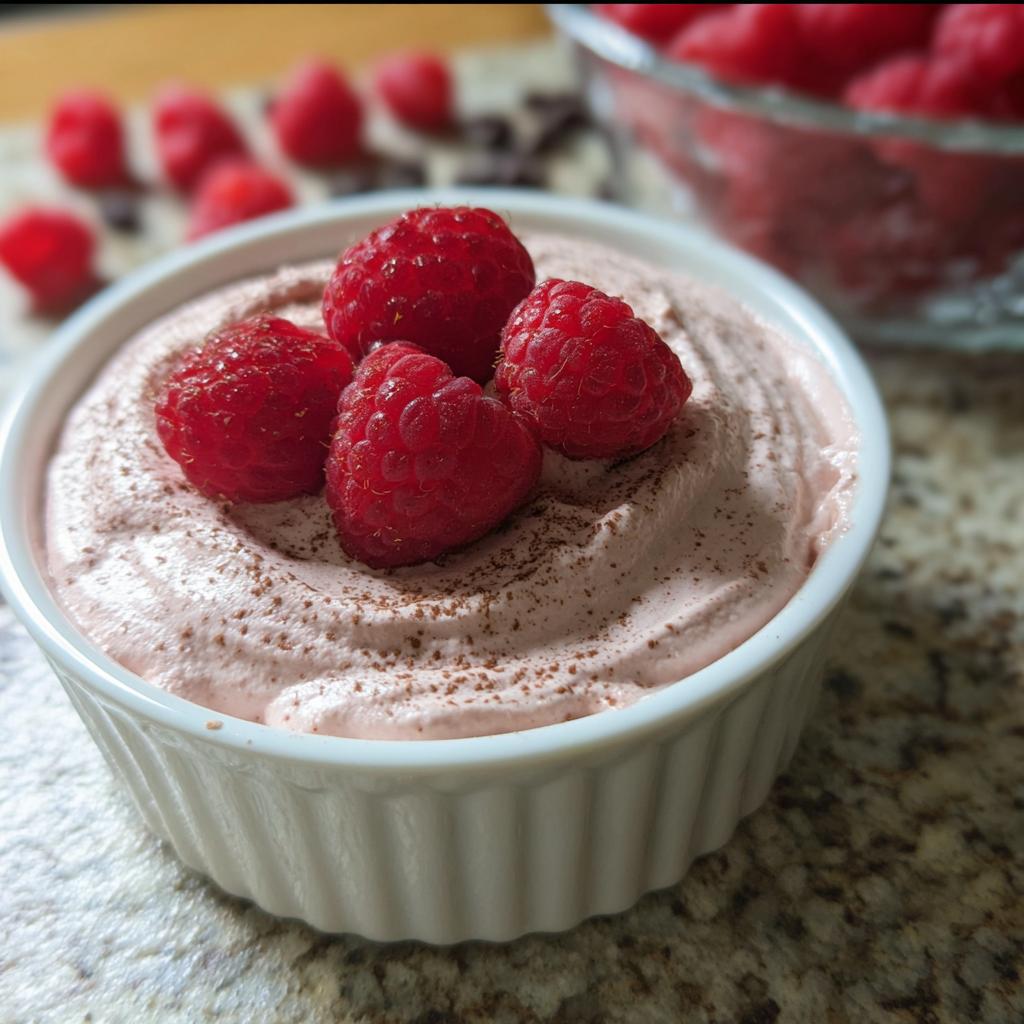 A close-up of a white ramekin filled with pink Cottage Cheese Raspberry Mousse, topped with fresh raspberries and a dusting of cocoa powder.
