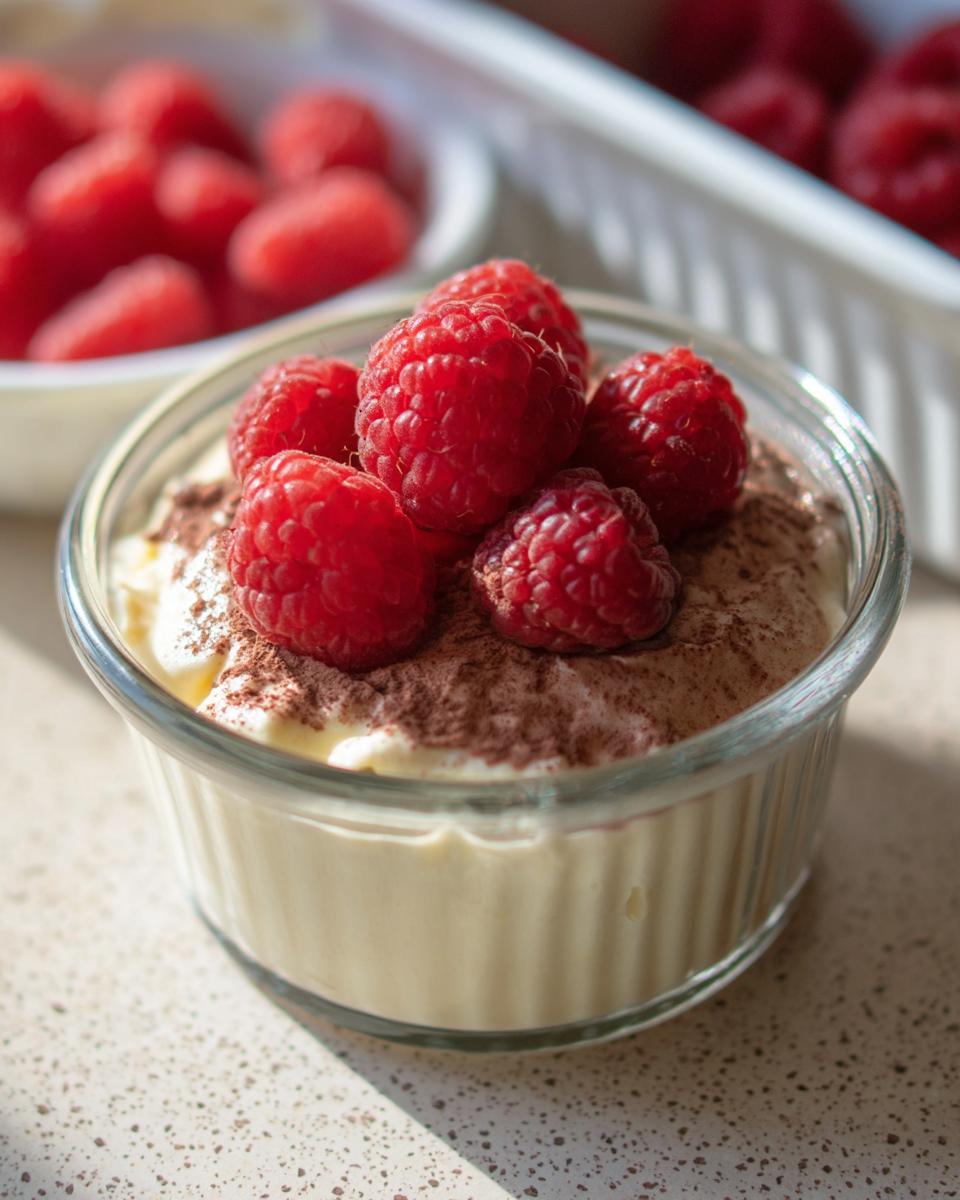 A close-up of a glass bowl filled with creamy Cottage Cheese Raspberry Mousse, topped with fresh raspberries and cocoa powder.