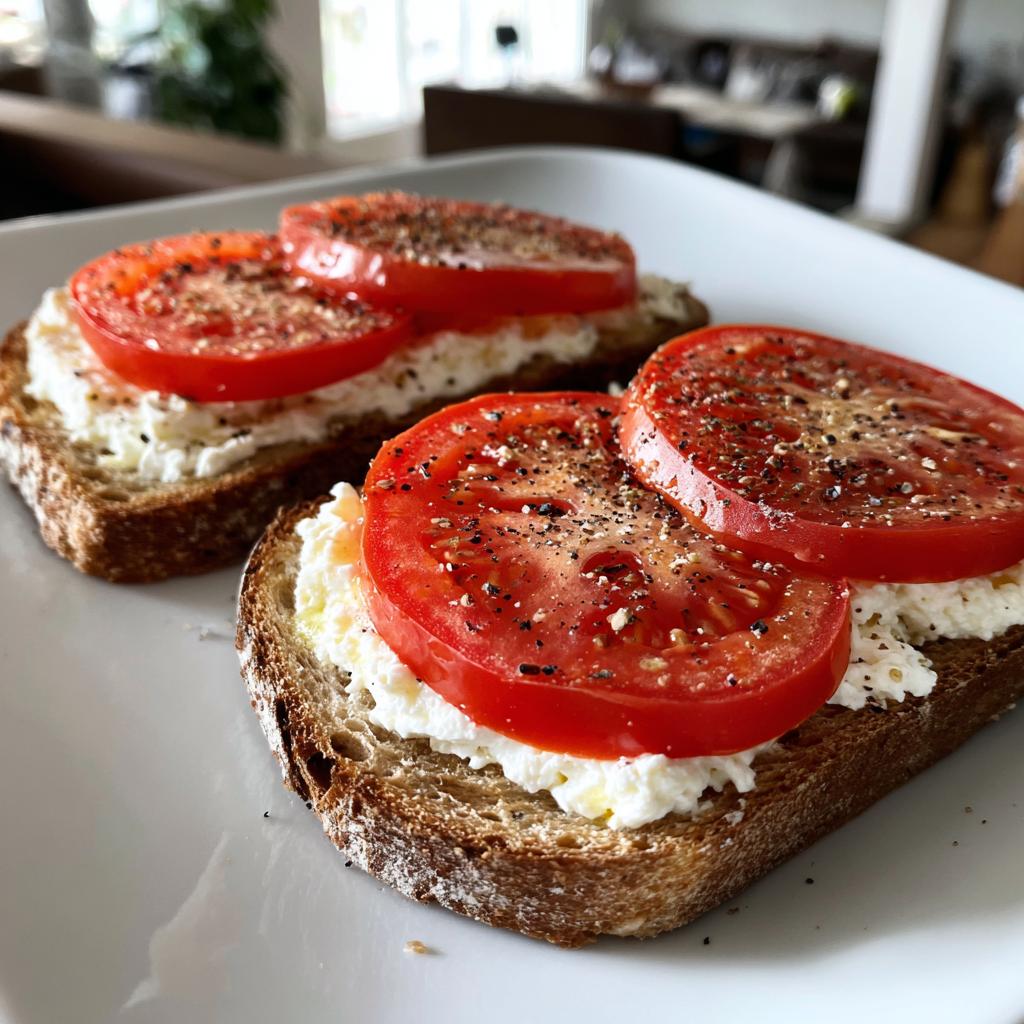 Close-up of two slices of whole-wheat toast topped with cottage cheese and fresh tomato slices, seasoned with pepper.
