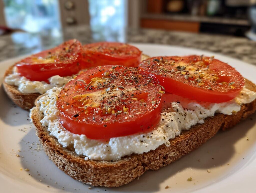 Close-up of healthy cottage cheese toast topped with fresh tomato slices and seasoned with pepper and herbs.