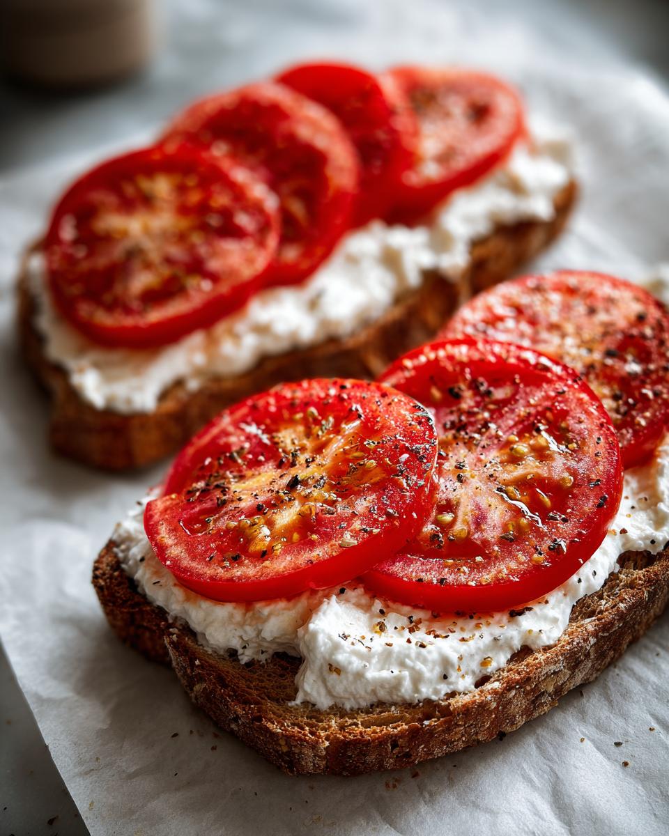 Two slices of whole-wheat toast topped with creamy cottage cheese and fresh tomato slices, seasoned with pepper and herbs.