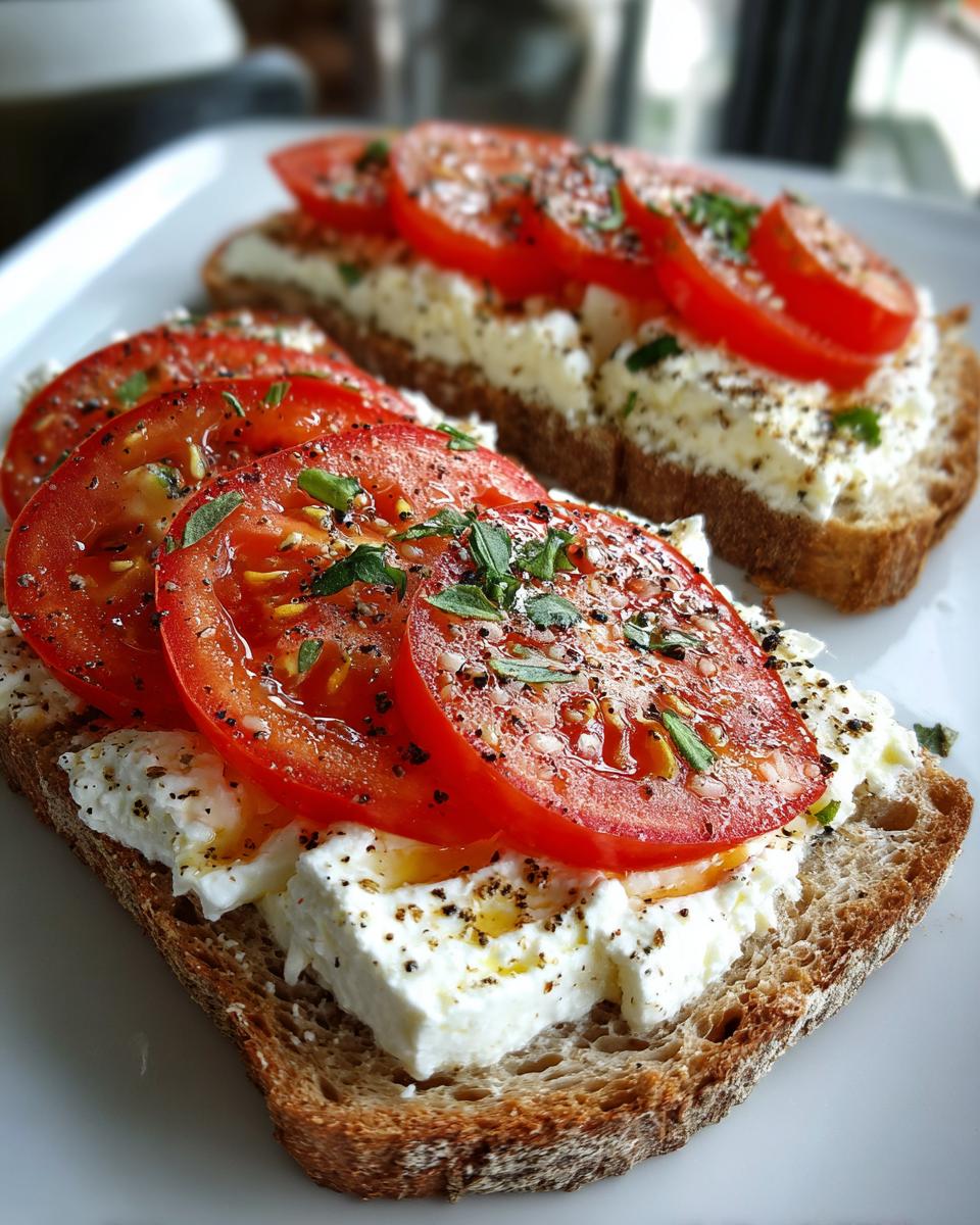 Two slices of whole wheat toast topped with creamy cottage cheese, fresh tomato slices, herbs, and black pepper.