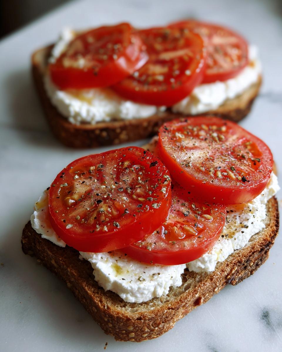 Close-up of two slices of whole wheat toast topped with creamy cottage cheese and fresh tomato slices, seasoned with herbs and pepper.
