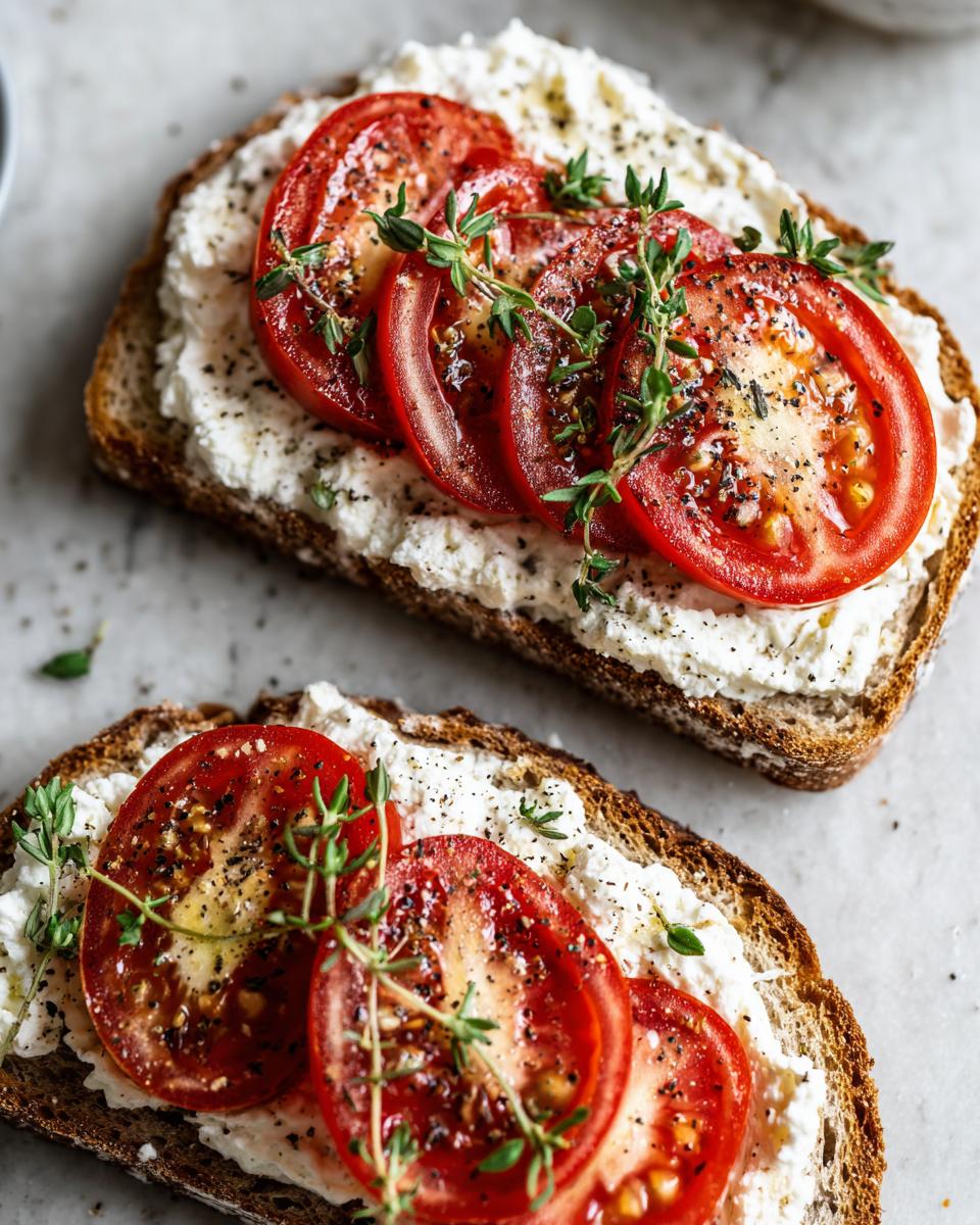 Two slices of whole wheat toast topped with creamy cottage cheese, fresh tomato slices, and thyme. Healthy lunch ideas with cottage cheese toast and tomatoes.