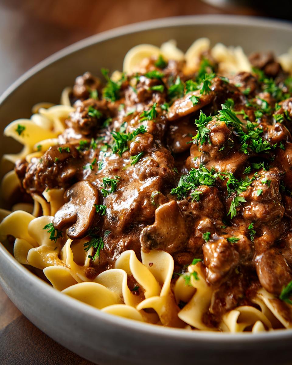 A close-up of creamy beef stroganoff served over egg noodles, garnished with fresh parsley.