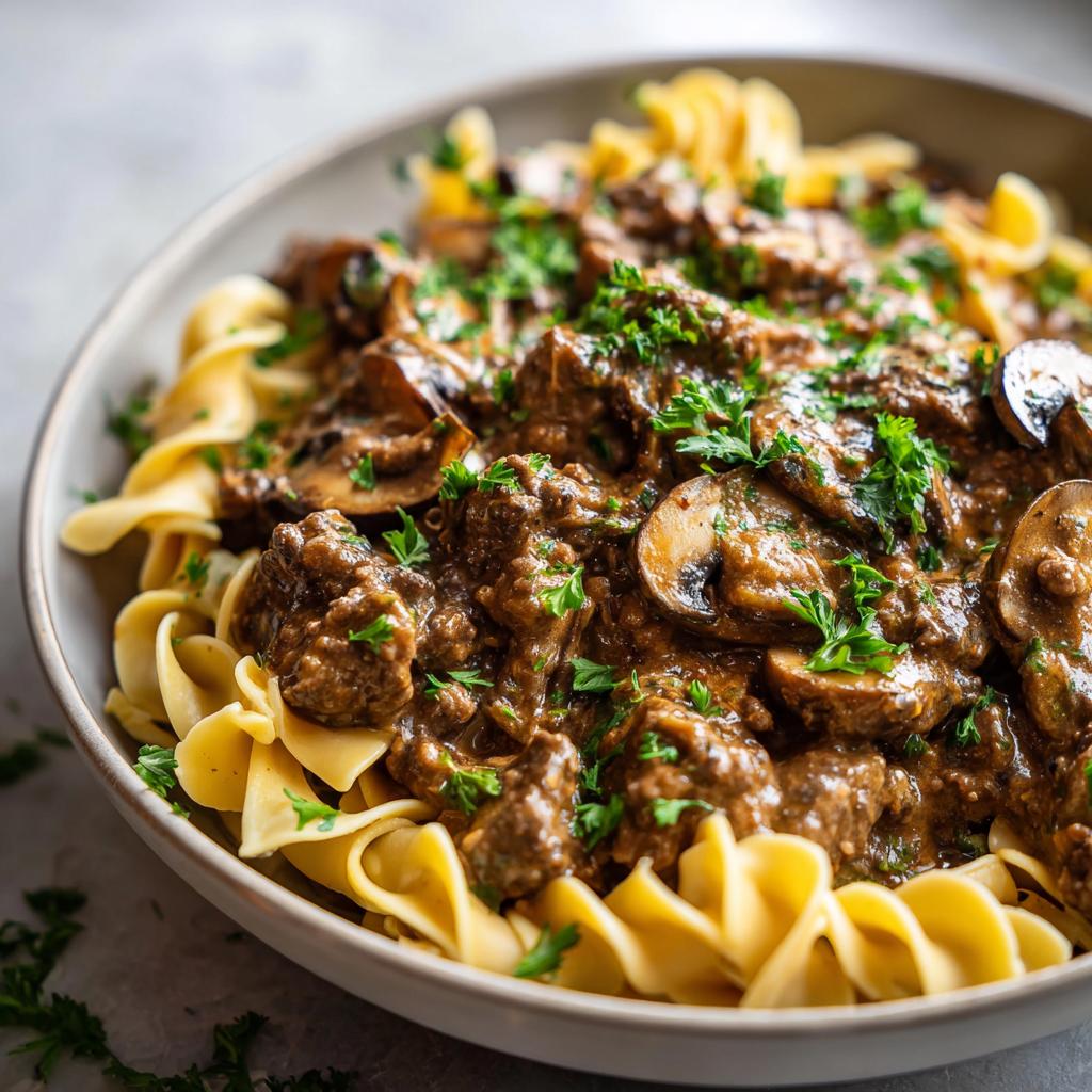A close-up of a creamy beef stroganoff skillet meal with tender beef, mushrooms, and egg noodles, garnished with parsley.