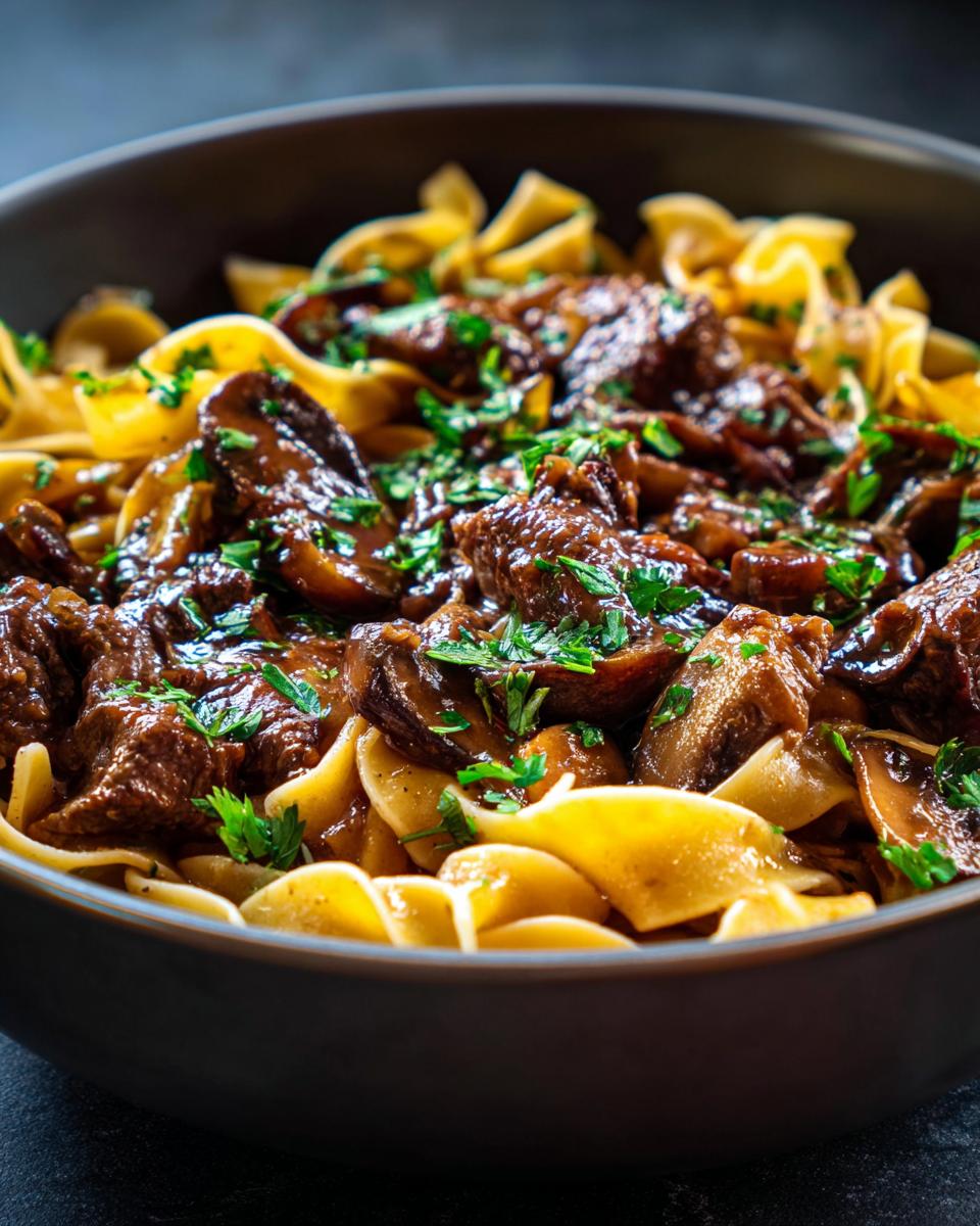 Close-up of a dark bowl filled with creamy beef stroganoff and egg noodles, garnished with fresh parsley.