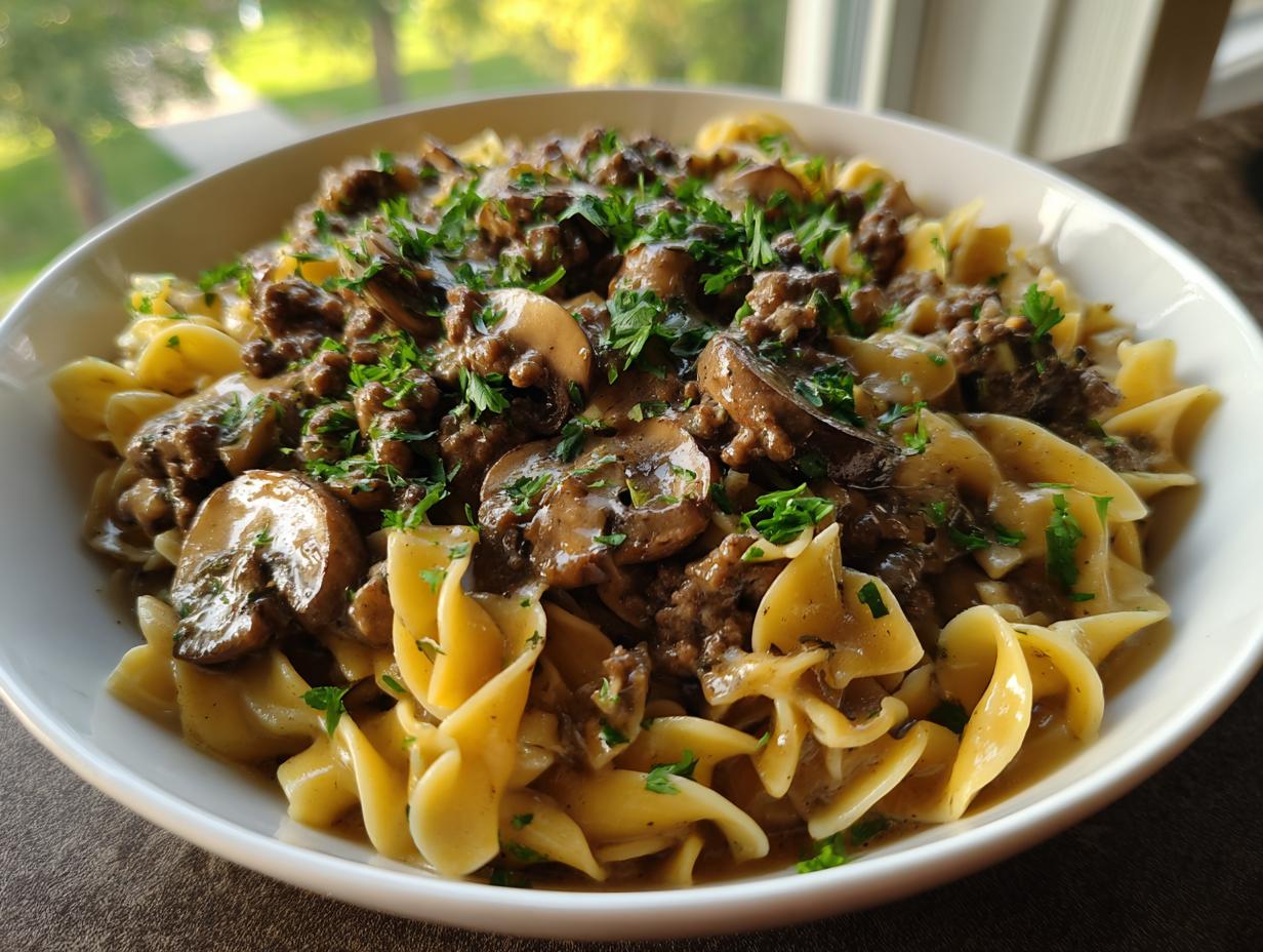 A bowl of creamy beef stroganoff with mushrooms and noodles, garnished with parsley. A delicious ground beef recipe.