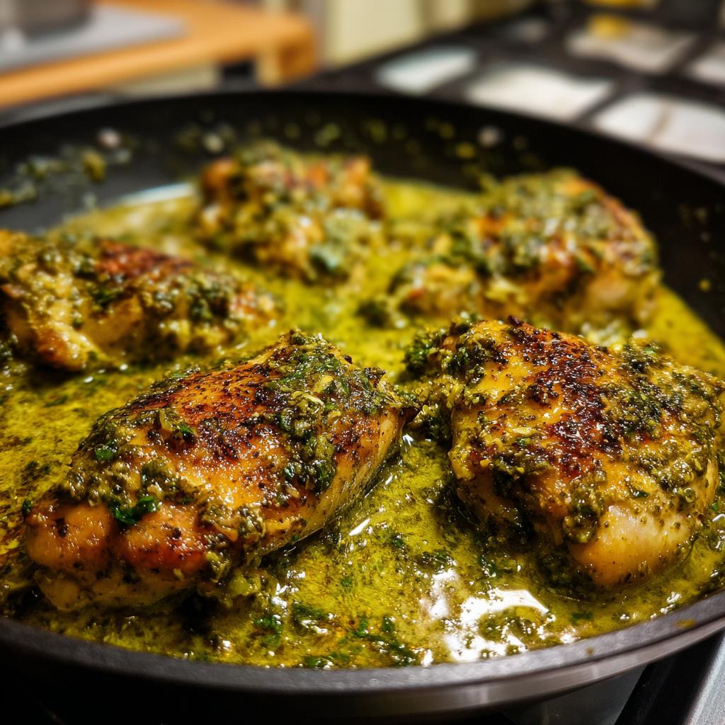 Close-up of juicy chicken breasts cooked in a creamy pesto sauce in a black skillet.