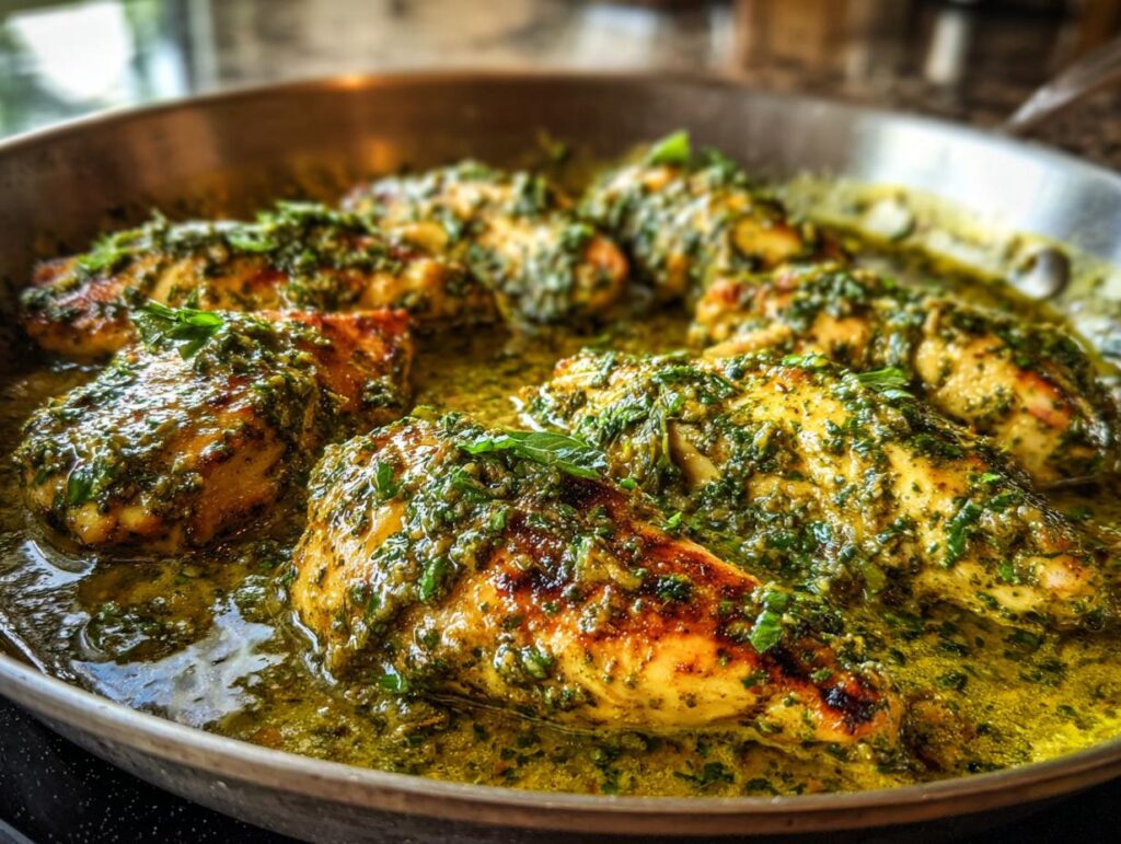 Close-up of juicy chicken breasts coated in creamy pesto sauce in a one-pan skillet.