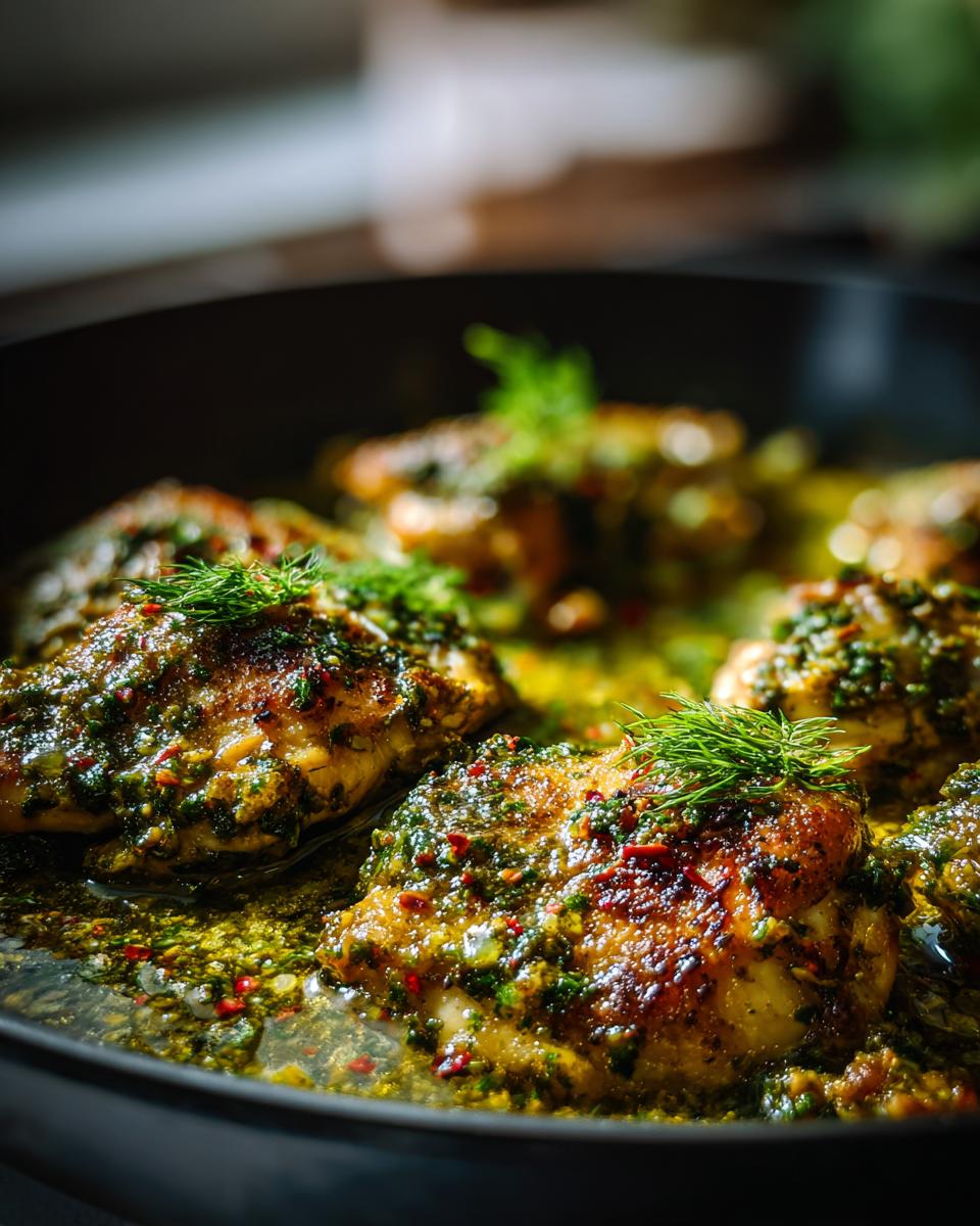 Close-up of juicy, pan-seared chicken breast pieces coated in a vibrant green pesto sauce with red pepper flakes, garnished with fresh dill.