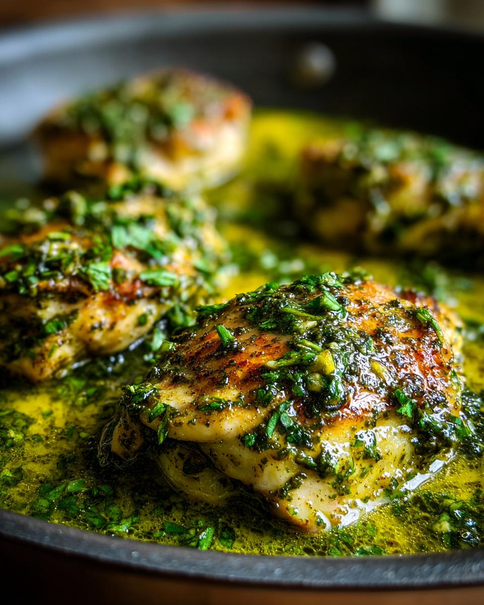 Close-up of juicy chicken breasts cooked in a creamy pesto sauce in a one-pan dish.