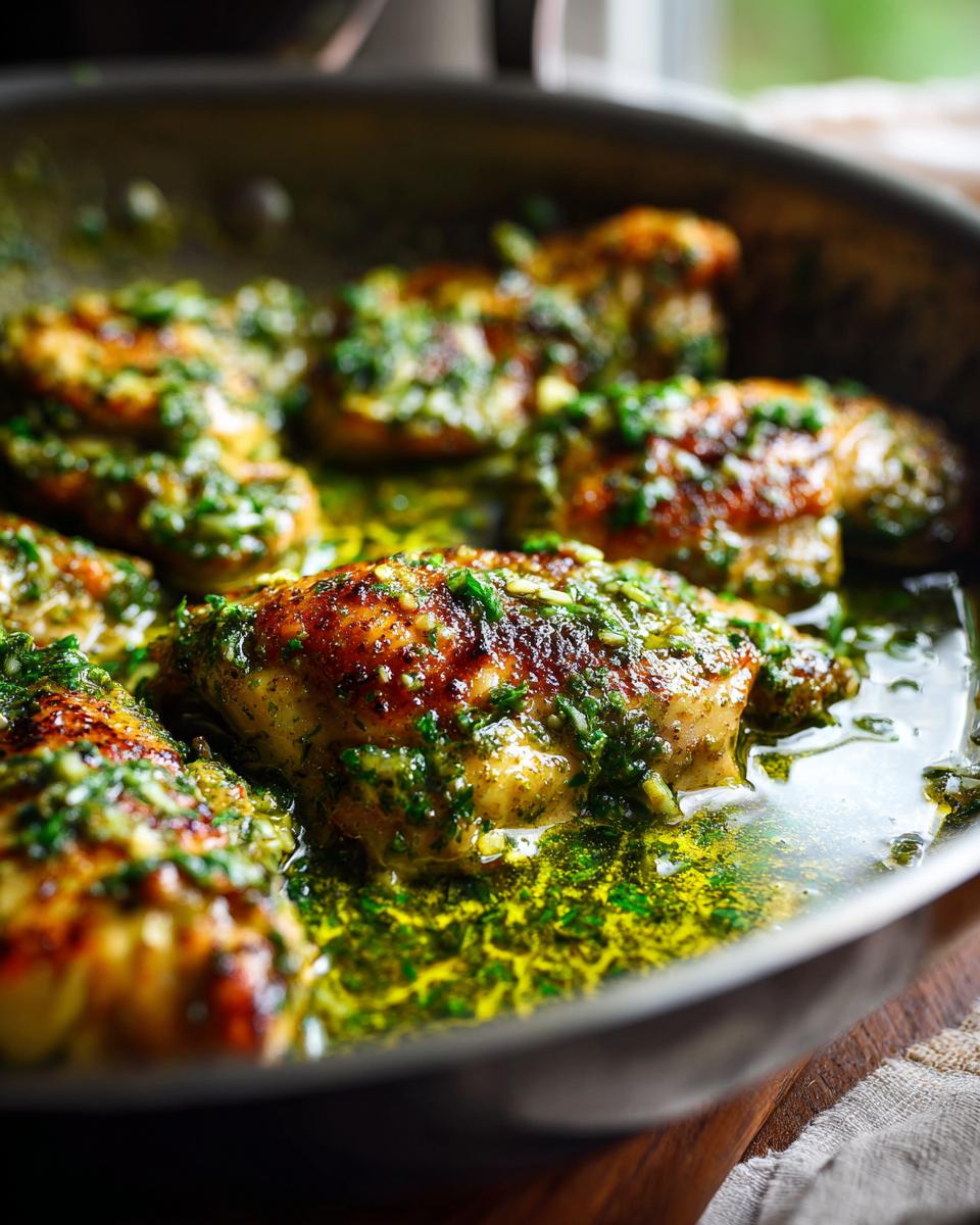 Close-up of juicy chicken breasts cooked in a creamy pesto sauce in a one-pan skillet.