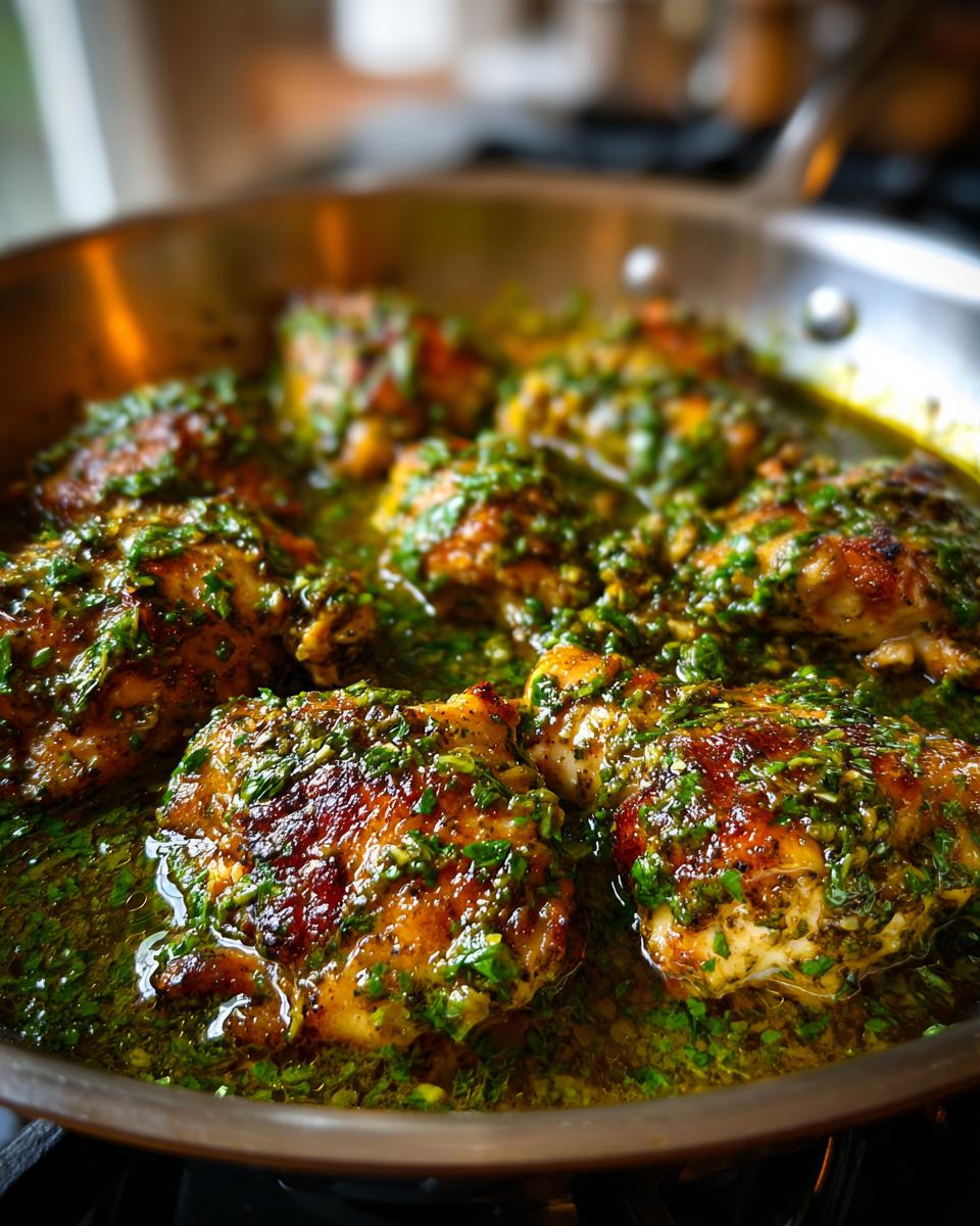 Close-up of juicy, golden-brown chicken pieces coated in vibrant green pesto sauce in a stainless steel pan.