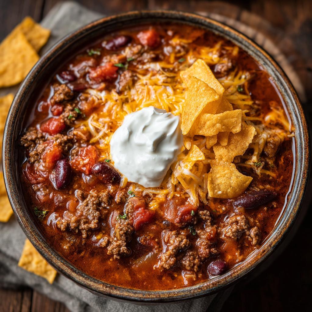 A hearty bowl of creamy taco soup with ground beef, beans, tomatoes, topped with cheese, sour cream, and tortilla chips.